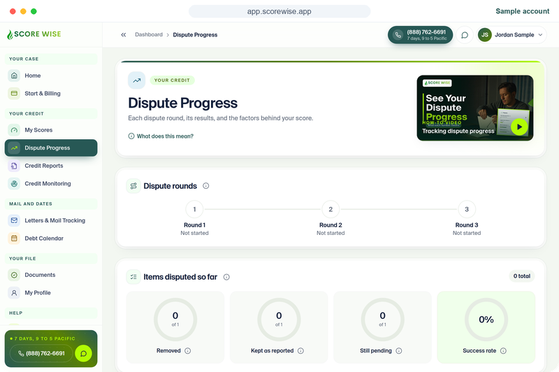 ScoreWise dashboard Dispute Progress screen (sample data)