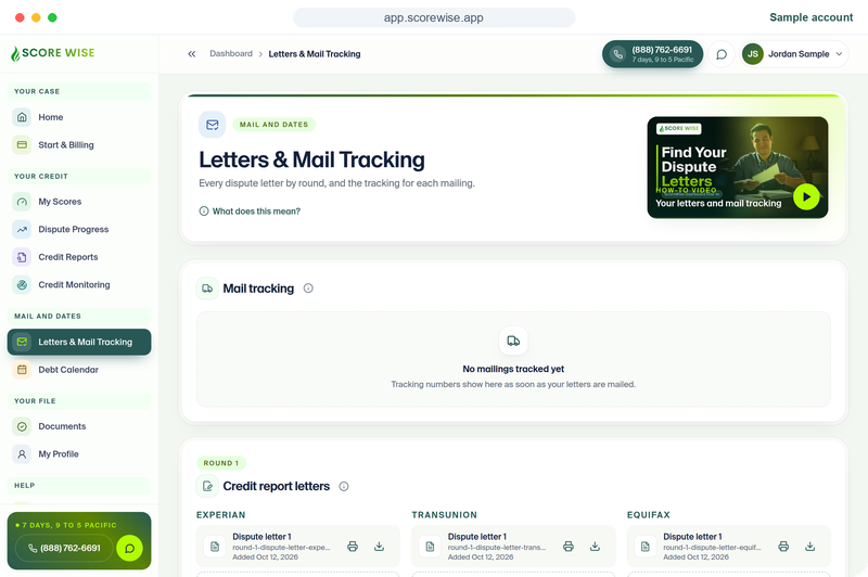 ScoreWise dashboard Letters and Mail Tracking screen (sample data)