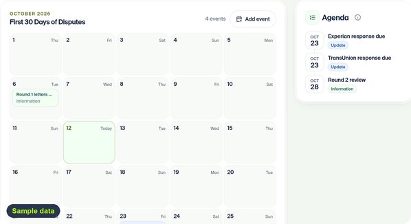 ScoreWise dashboard Debt Calendar: the first 30 days of disputes with upcoming response dates (sample data)