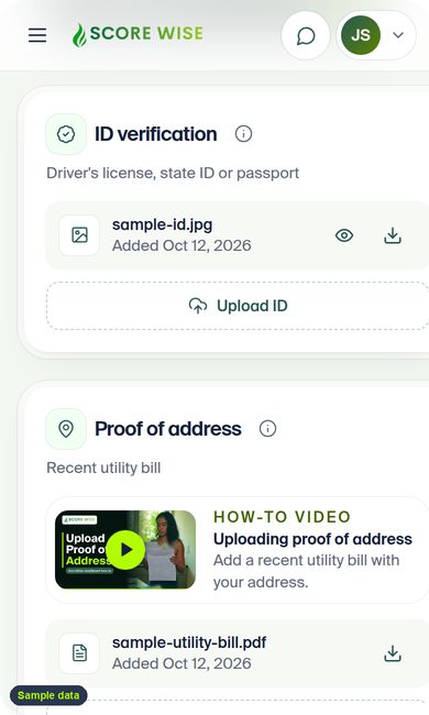 ScoreWise dashboard Documents on a phone: uploaded photo ID and proof of address (sample data)