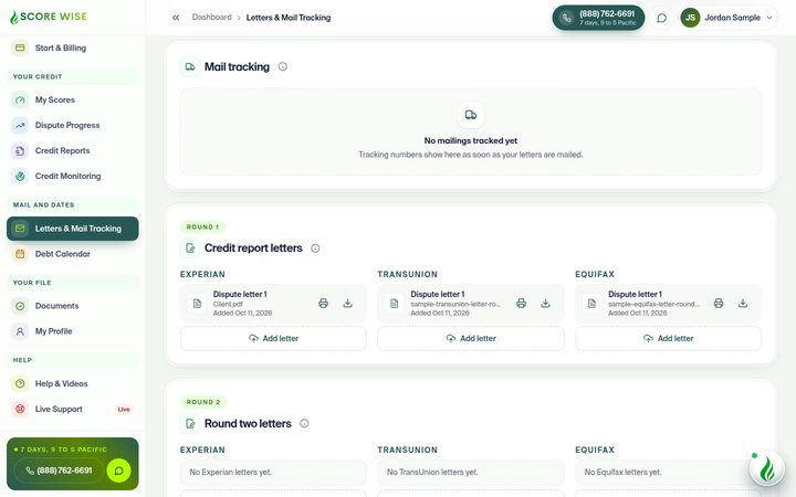 ScoreWise dashboard Letters and Mail Tracking screen listing round one dispute letters for each bureau with dates and a mail tracking panel